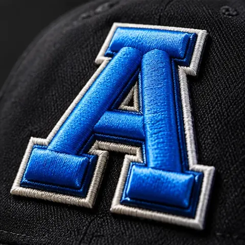 Raised blue satin-stitch 3D lettering on dark fabric