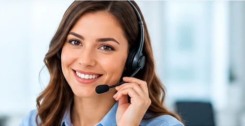 Smiling customer support representative wearing a headset