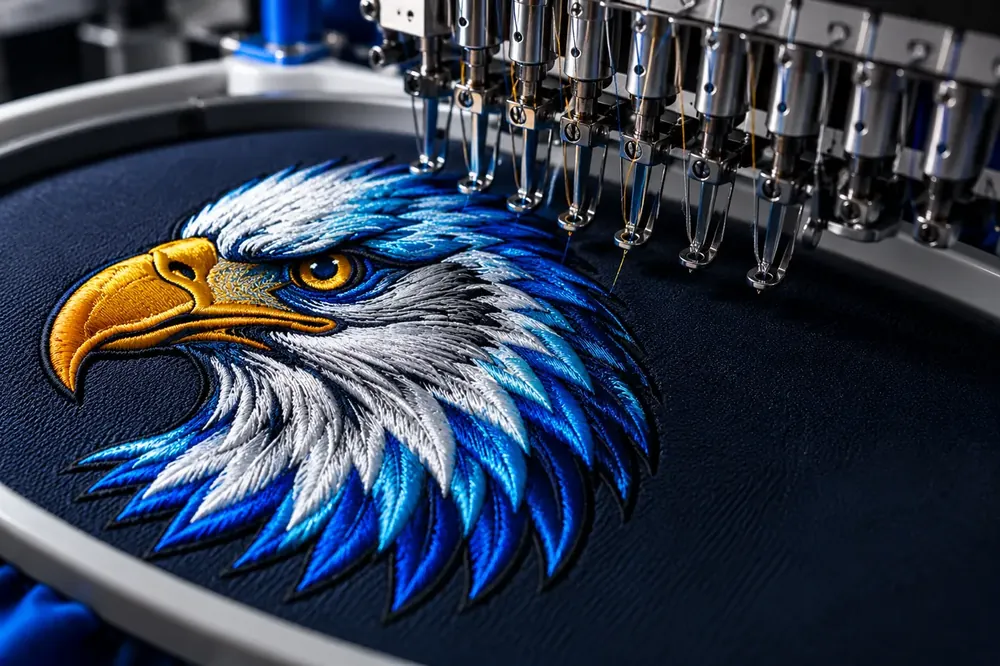 Embroidery machine stitching a detailed eagle design on dark fabric