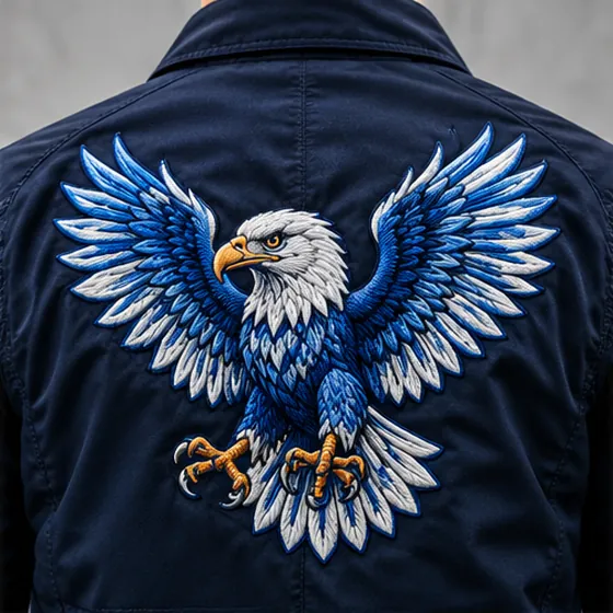 Detailed eagle design embroidered on a navy jacket