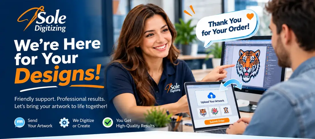 Sole Digitizing customer-care banner showing a representative and client reviewing an embroidery design and using a digital artwork submission interface