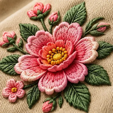 Red and pink floral embroidery with green leaves