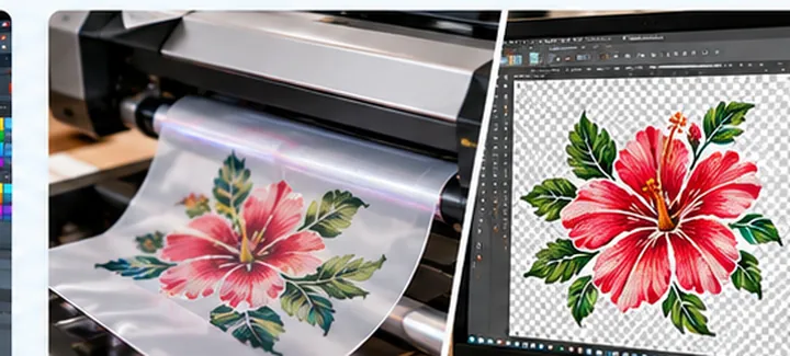 A DTF transfer printer producing a colorful flower design beside matching artwork on a transparent PNG canvas