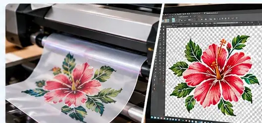 DTF printer laying a colorful hibiscus design onto transfer film beside a monitor showing the same flower as a PNG on a transparency checkerboard