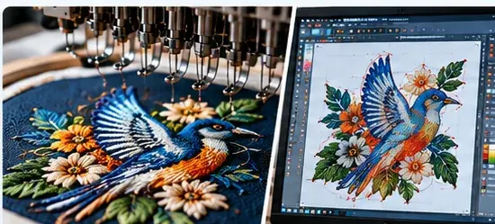 A colorful bird and floral design being stitched by an embroidery machine beside a monitor showing the matching artwork in embroidery digitizing software