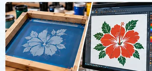 Wooden screen-printing frame showing the pale negative stencil of a hibiscus design beside a monitor showing the matching full-color vector artwork