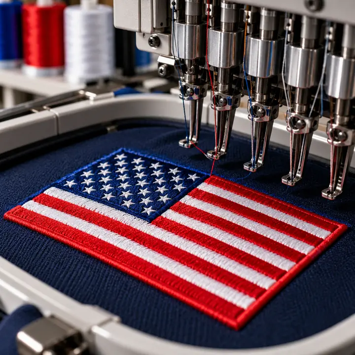 Industrial embroidery machine stitching an American flag patch onto navy fabric